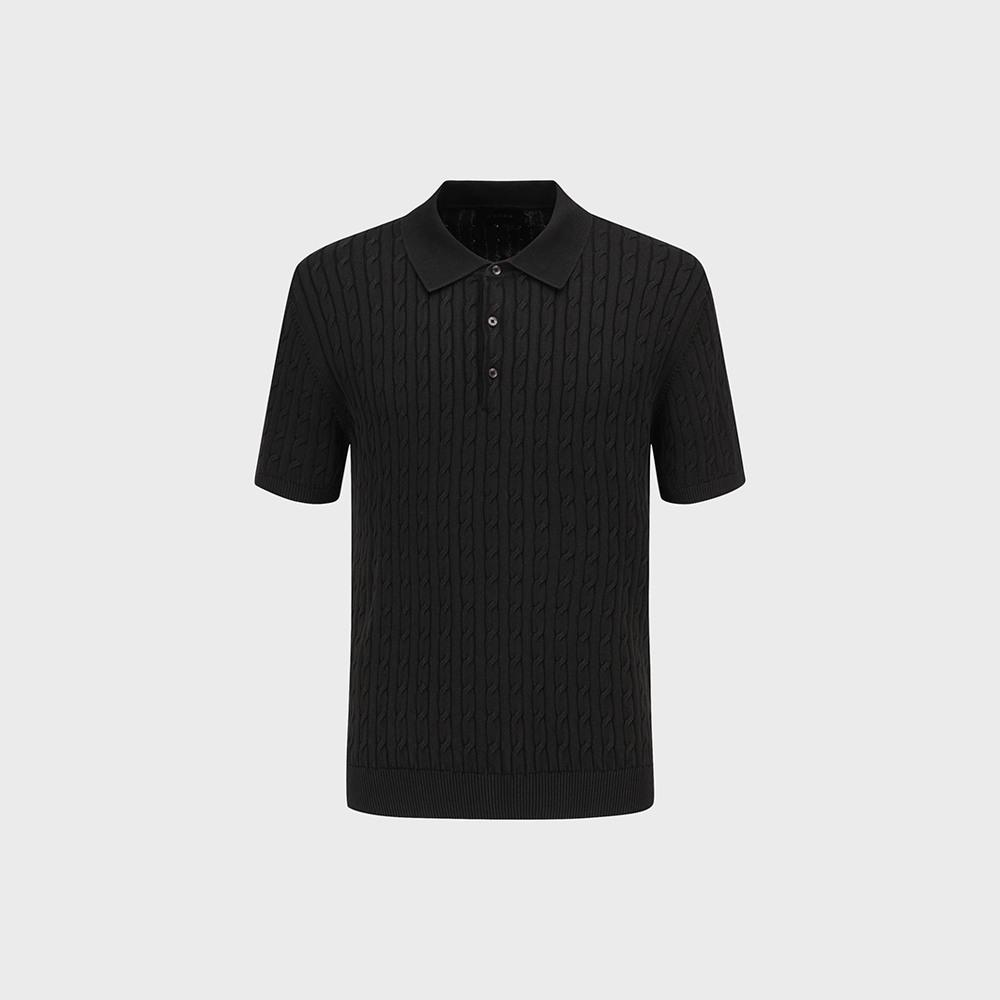 ZIOZIA Men'S) Garment-Washed Cotton Cable Short Sleeve Polo Shirt_Black