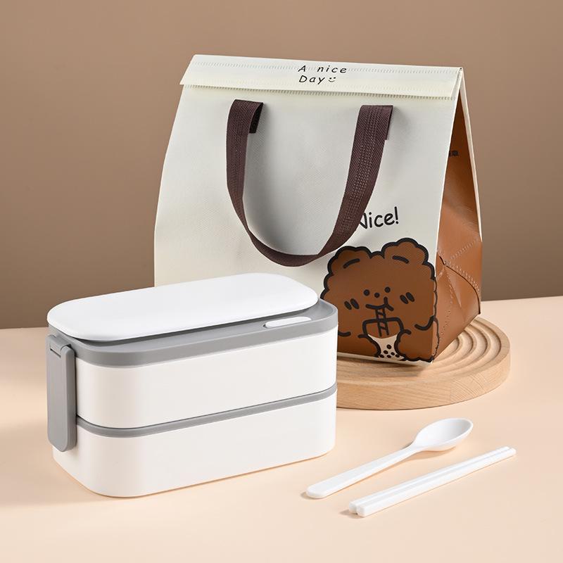 Portable, Microwaveable Square Lunch Box with Tableware: Double-Layer, Large Capacity for Office Workers & Students