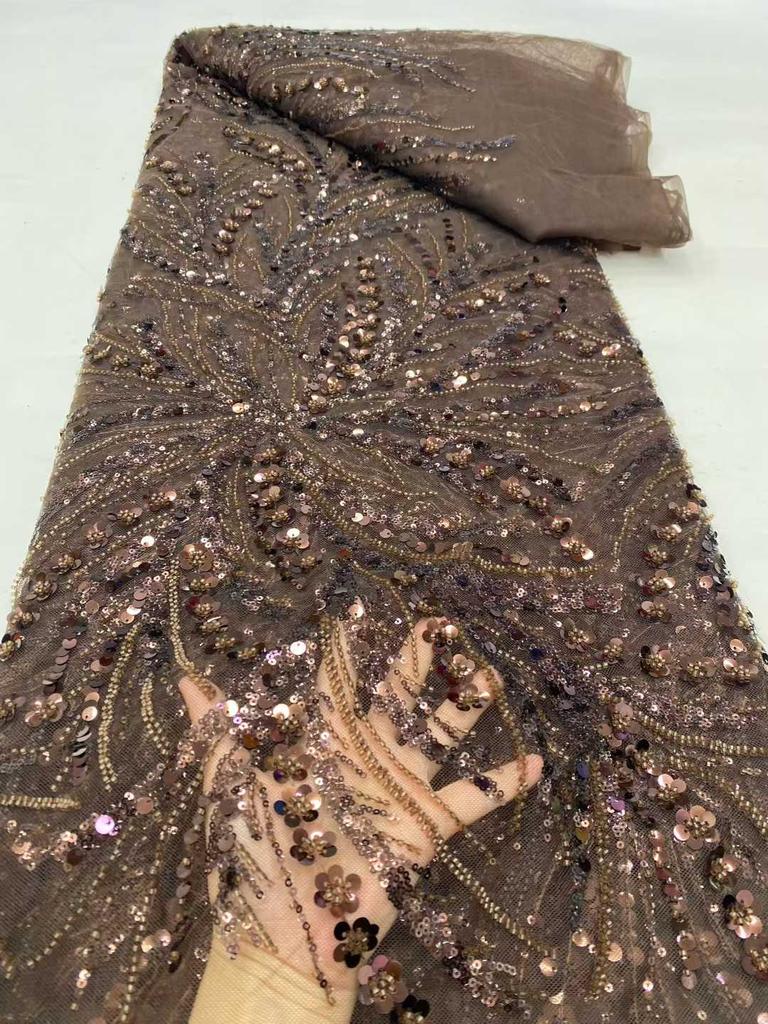 Orange Beaded Fabric Sequin Tulle Lace Embroidered Dubai New 2026 High Quality African Beads Embroidery Lace for Wedding Dress