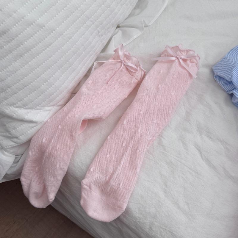 Cute Black Ear-trimmed Mid-calf Socks, Spring and Summer Bow Polka Dot Cotton Socks, Sweat-absorbing and Breathable Boneless Socks for Women