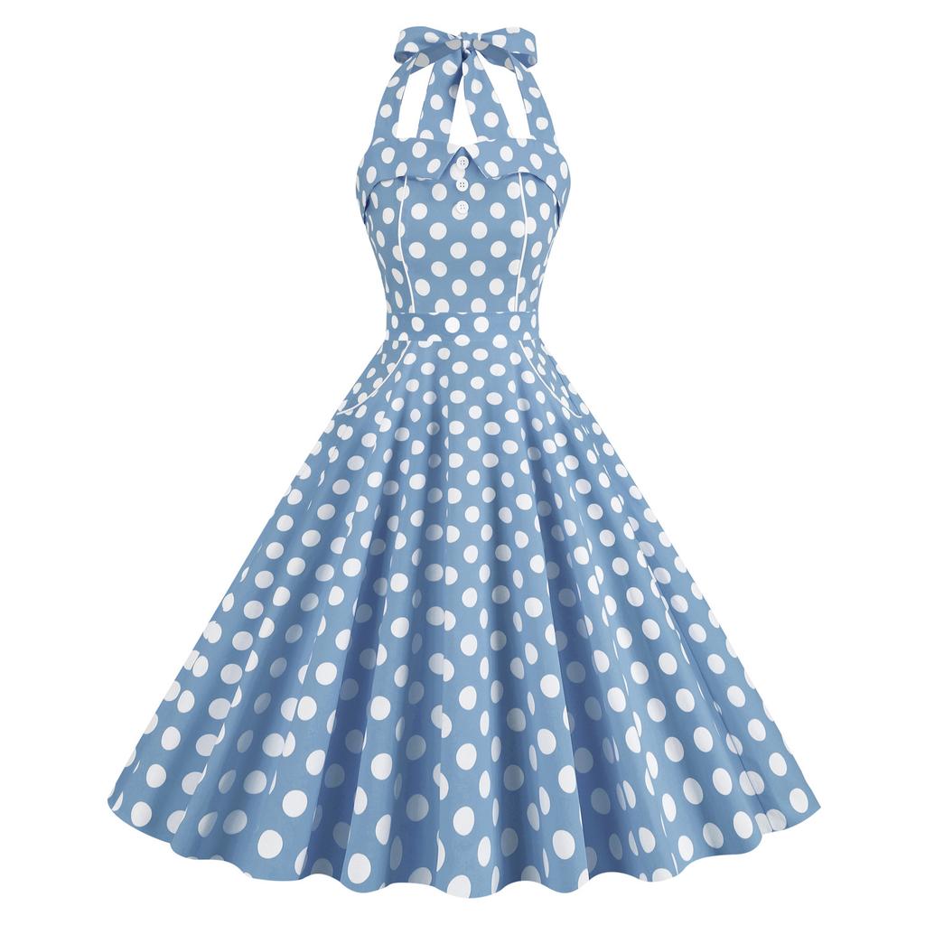 Retro colour-block polka dot halter-neck performance dress with tie-up detail – perfect for photo shoots, picnics and special occasions