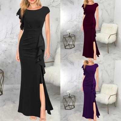 Women's Sexy Fashion Round Neck Ruffle Solid Color Dress Evening Dress