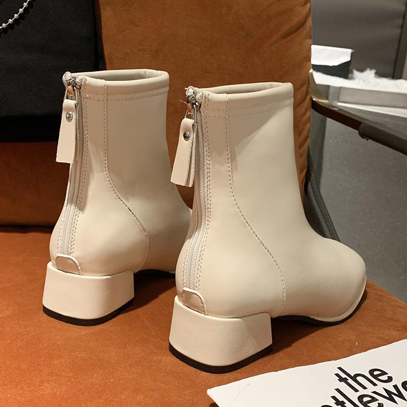 Gruby obcas krótkie botki damskie nowe jesień i zima prosty temperament buty Martin kwadratowy nosek aksamitne ciepłe modne botki