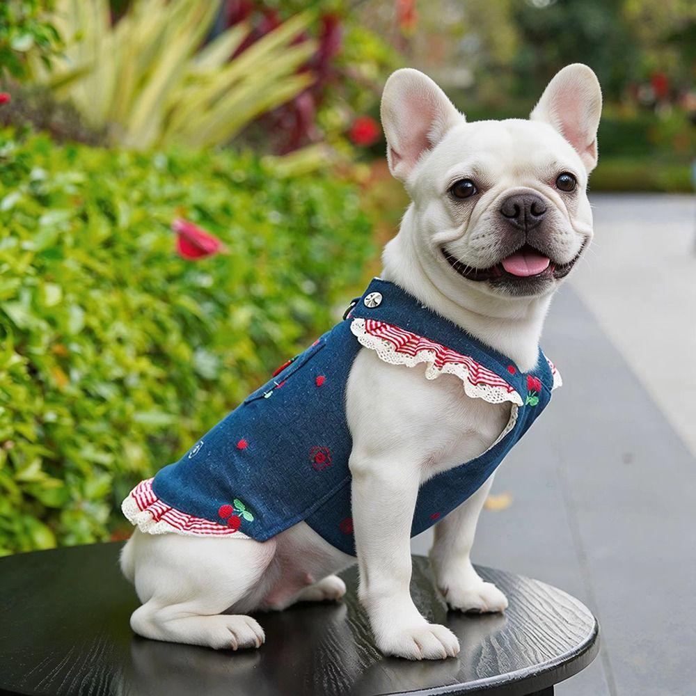 Denim Kirsche Hund Denim Kleid Latzkleid Welpenkleidung mit Leine Spaziergang Training