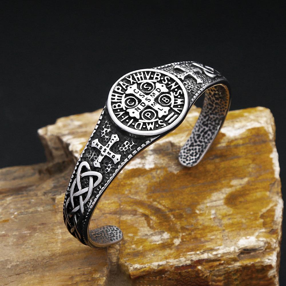 New Classic Saint Benedict Bracelet For Men Women Stainless Steel Fashion Cross Opening Bangles Biker Jewelry Dropshipping