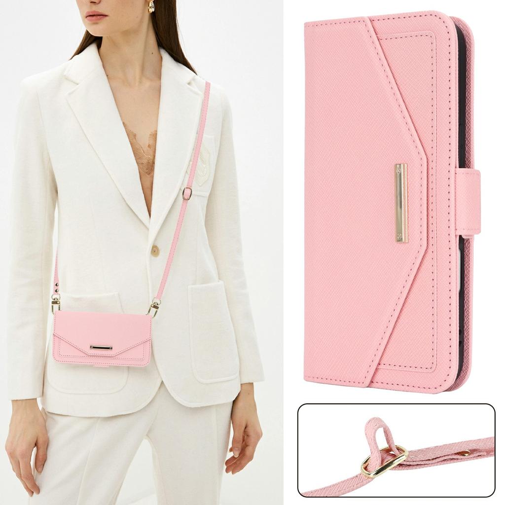 For iPhone 16 Stand Case Cross Texture PU Leather Wallet Phone Cover with Shoulder Strap/Makeup Mirror
