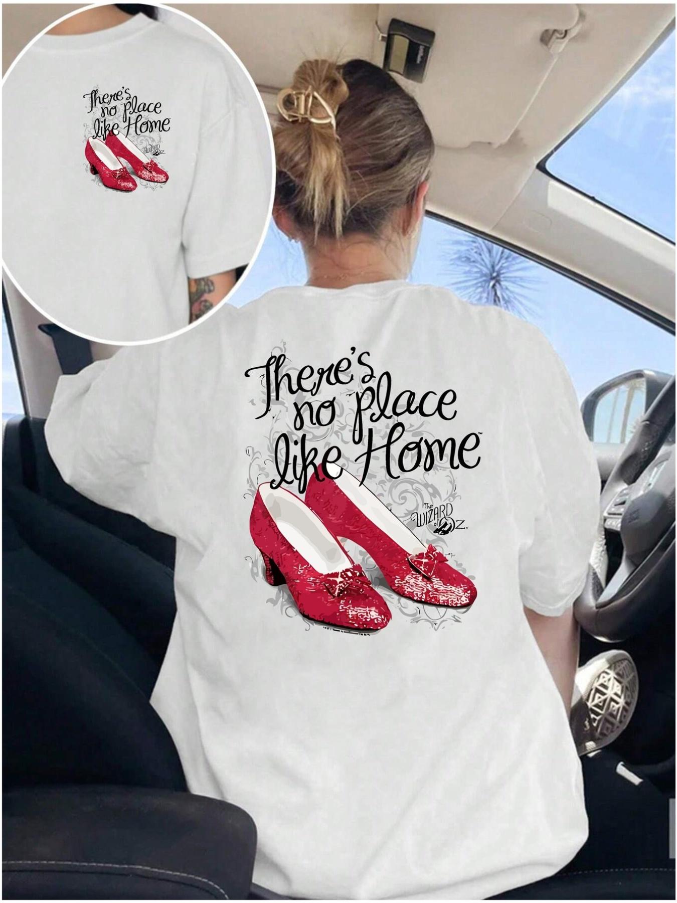 

Ladies Wizard of Oz Ruby Slippers Pattern Tshirt White Short Sleeve Round Neck Casual Top Shining Red Shoe Print S