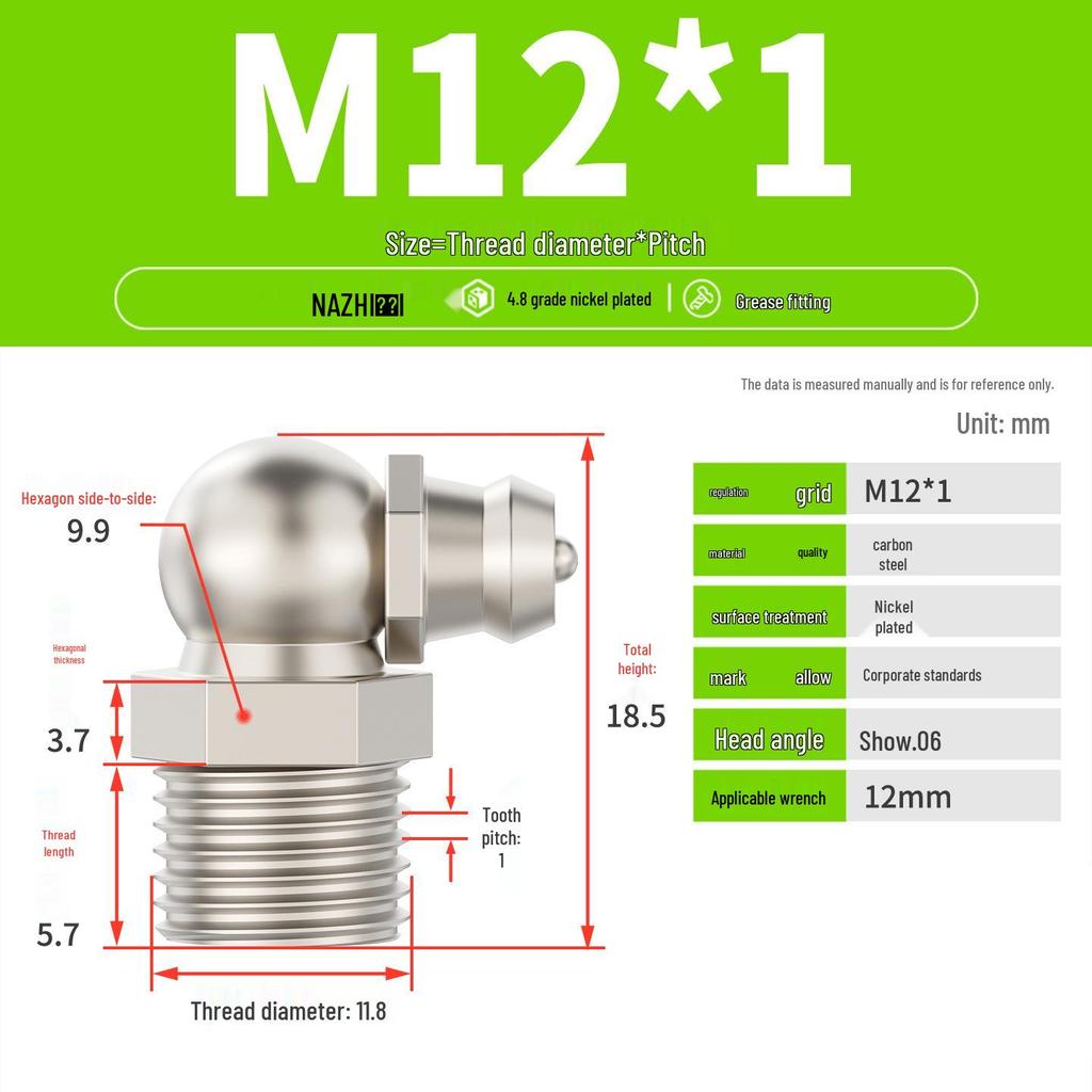 Nickel-Plated Iron Bent Grease Nipple Grease Gun Head M6-M14 G1/8