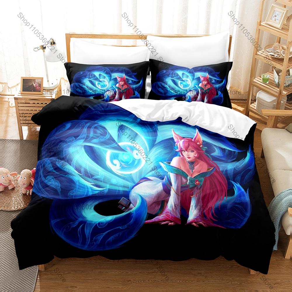 Fantasy Game Bedding Set, Duvet Cover & 2 Pillowcases, Classic Ahri Spirit Blossom Design Comfortable Home Supplies
