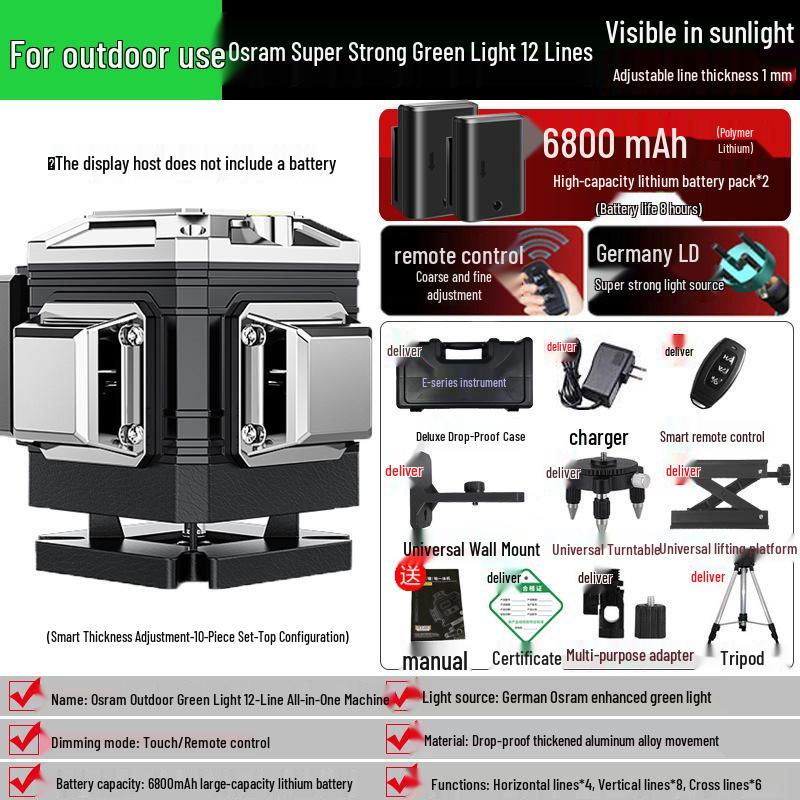 12-Line Green Laser Level with Automatic Leveling for Walls and Floors