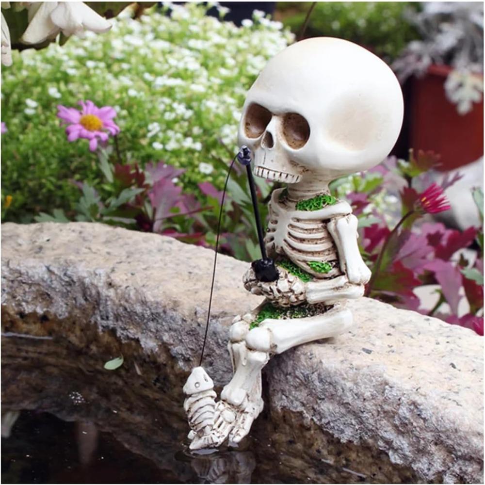 Christmas Fishing Skeleton Garden Accessory, Mini Skeleton Figurines Statue Decor for Fishing Enthusiast Gift