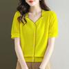 Sommer Neue Damen T-Shirts Koreanische Mode Uni V-Ausschnitt Spitze Aushöhlen Knopf Eis Seide Dünn Kurzarm Pullover Gestrickte Oberteile