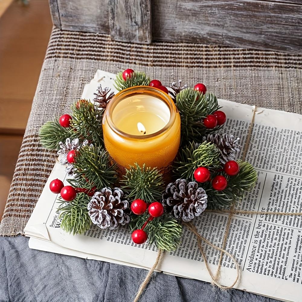 2pcs Artificial Pine Cones and Berry Candle Rings, Pine Needles, Christmas Themed Desktop Decoration Flower Garland Pendant