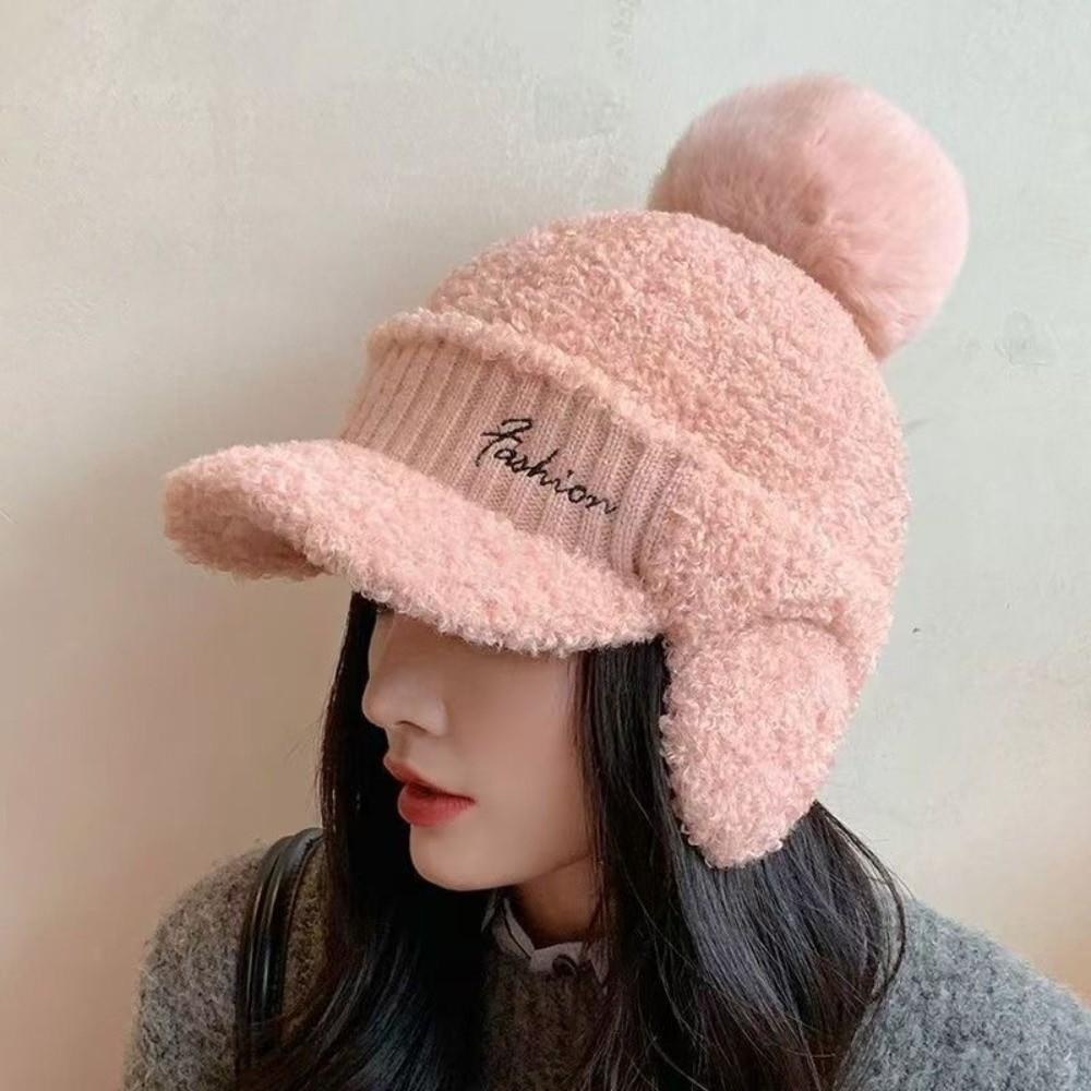 Solid Color Warm Earmuffs Cap Windproof Pompom Plush Beanie Fashion Ear Flap Protection Hat  Women