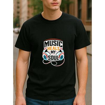 Europäische Größe Musik Heilung Seele Kopfhörer, Gedruckter Vitalitäts-Stil, Modisches und Trendiges T-Shirt, Herren Freizeit Kurzarm Rundhals T-Shirt