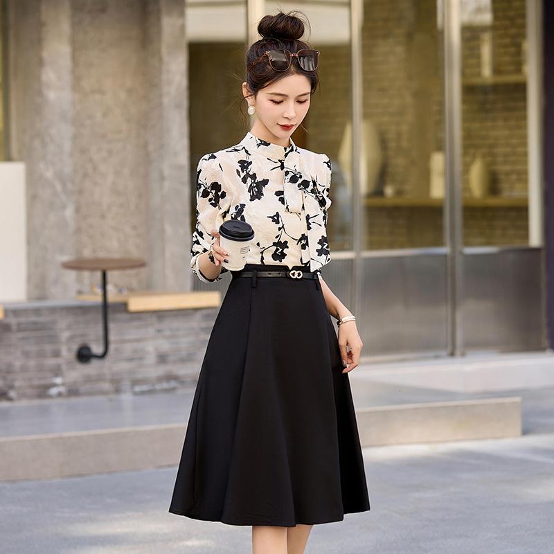 Ribbon collar print splicing fake two-piece dress women's spring new temperament formal settings professional skirt