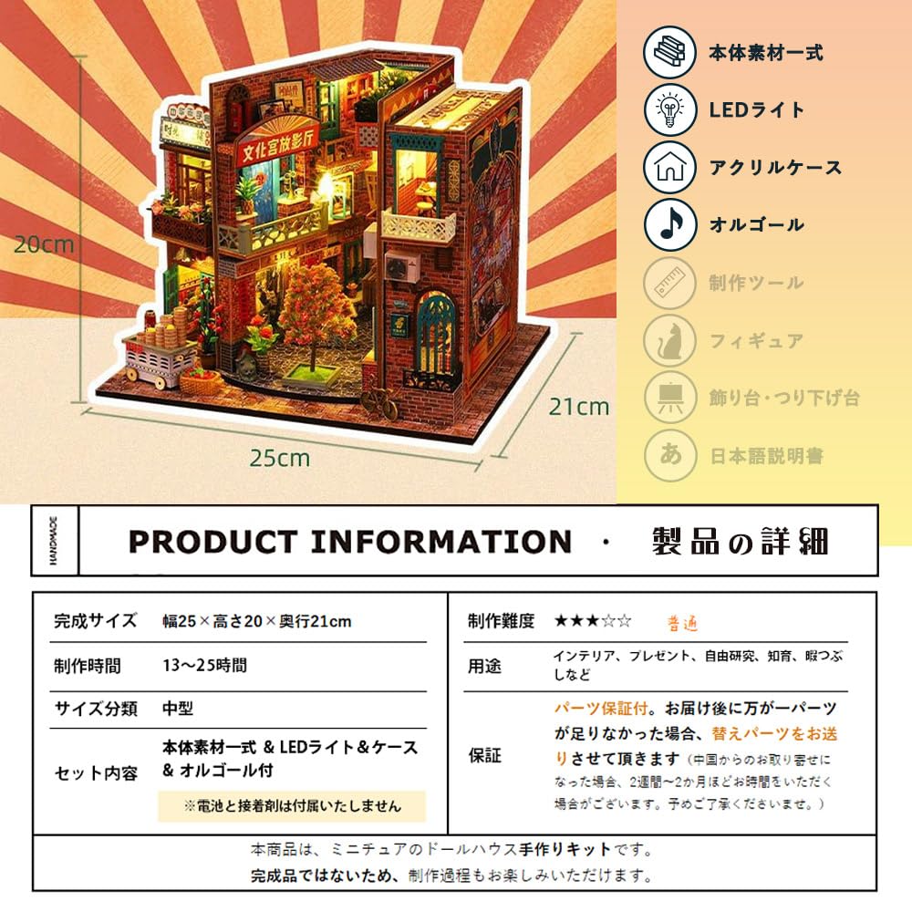 moin moin scale dollhouse miniature DIY kit set instructions Little World in a bookend bookshelf meat food stall Includes LED acrylic and music box