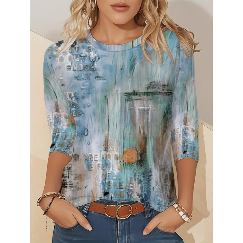 Artistic Landscape Painting Pattern, Slim Fit, Casual Round Neck, Long Sleeves, Everyday Creative Oil Painting Design Pattern.
