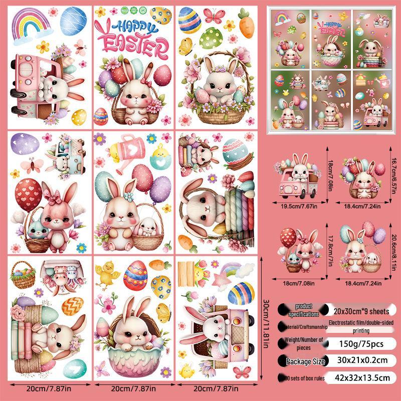 Easter Cartoon Rabbit & Egg Window Glass Stickers for Refrigerator & Cabinets