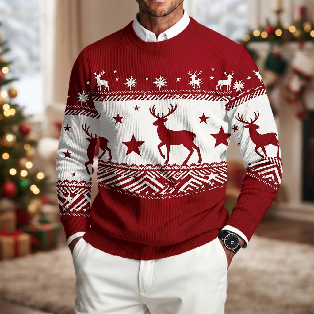 Men's Long Sleeve Crewneck Ribbed Knit Pullover Sweater with Christmas Holiday Print Casual Winter Top