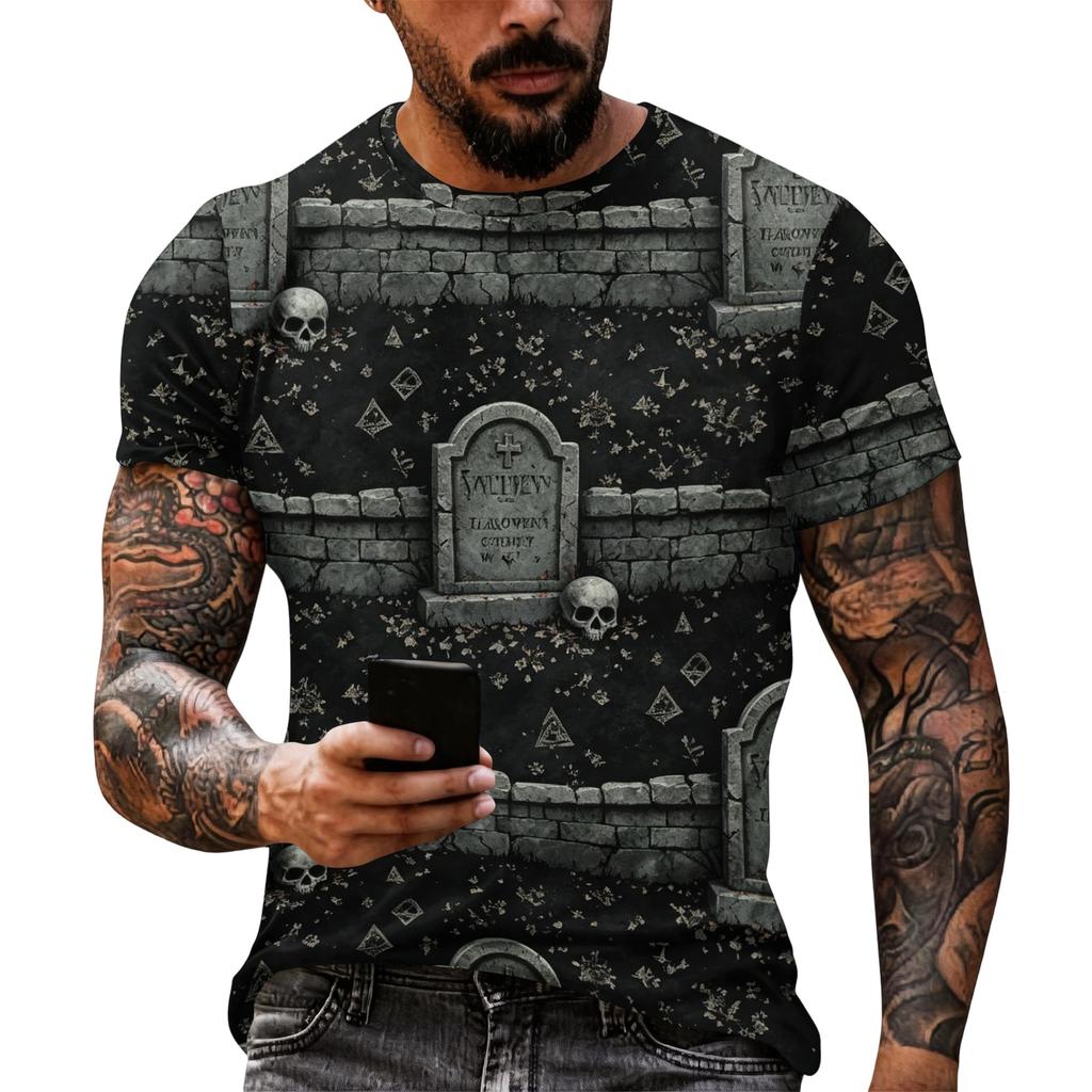 Men's Halloween Graphic Short Sleeve T Shirt Loose Fit Casual Summer Daily Top with Skull and Pumpkin Print for Everyday Wear