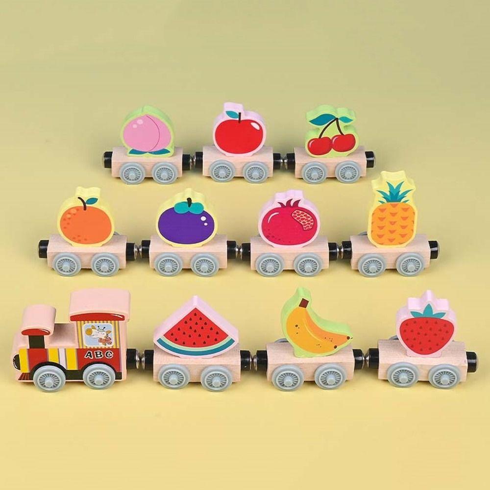 Animal Fruit Train Wooden Toy Transportation Wooden Magnetic Train Learning Teaching