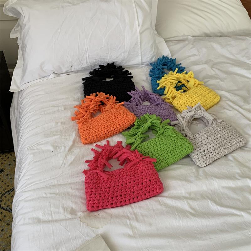 Yogodlns Fashion Solid Color Women's Knitted Small Handbag Woven Luxury Design Tassel Shoulder Bag Wrist Bag