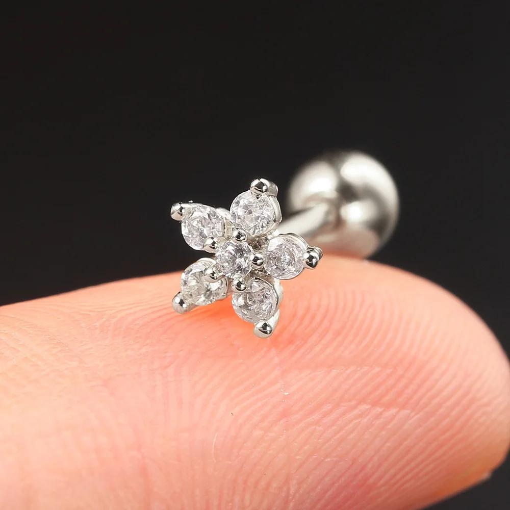 Zircon piercing piercing bone nails Butterfly flower earrings Titanium steel screws screw stud earrings Zircon