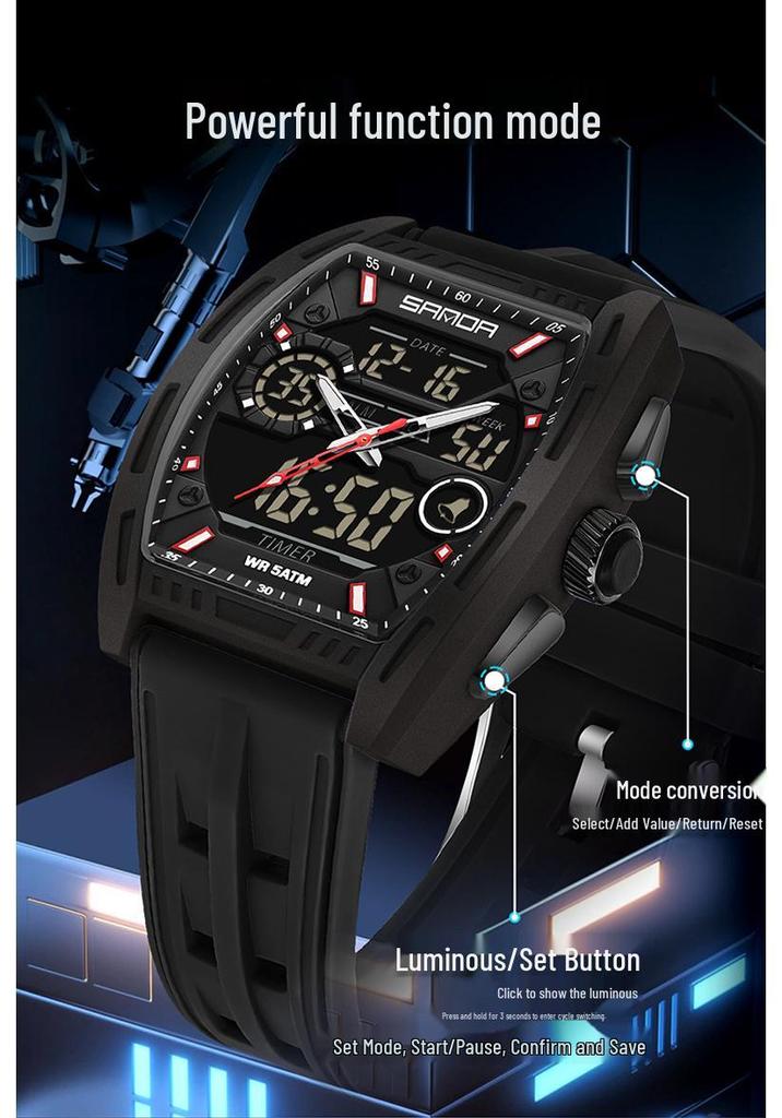Montre Sanda Double Affichage Lumineuse Étanche pour Étudiant d'Extérieur avec Chronomètre, Alarme et Compte à Rebours