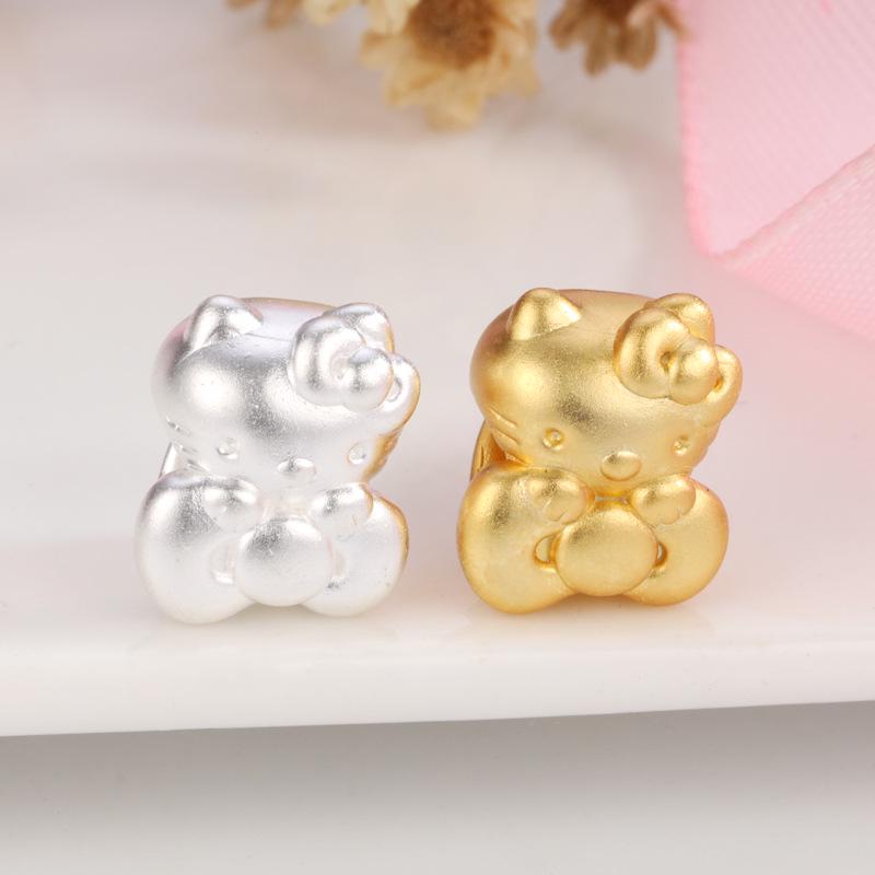 Sterling Silver 999 Hello Kitty Bow Knot Beaded Cartoon Cat Handmade Rope Jewelry Loose Beads