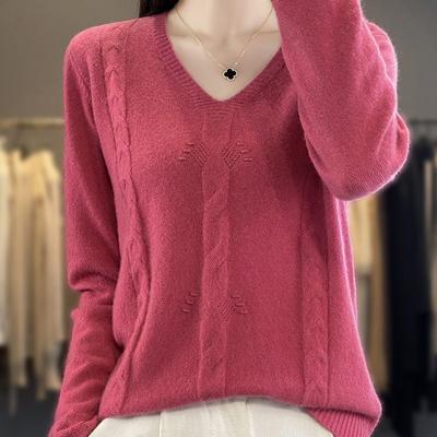 Autumn Winter V Neck Long Sleeve Cable Knit Sweater Women Top Inner Outer Wear Loose Slim Fit