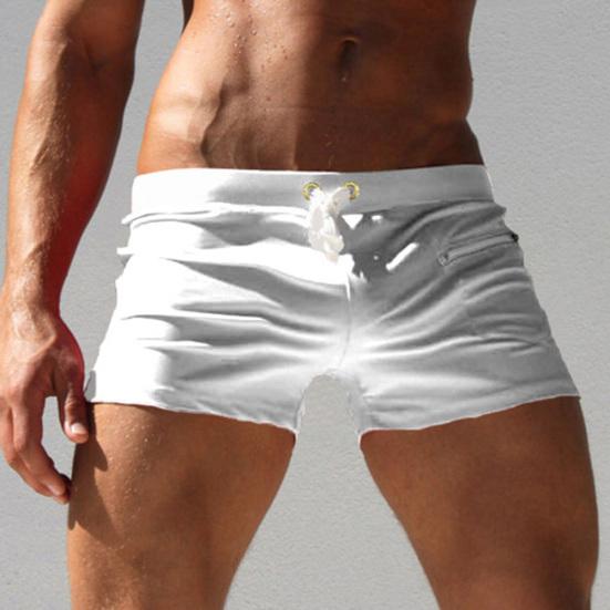 Men Solid Color Swimming Trunks Drawstring Pocket Slim Fit Beach Shorts Swimwear