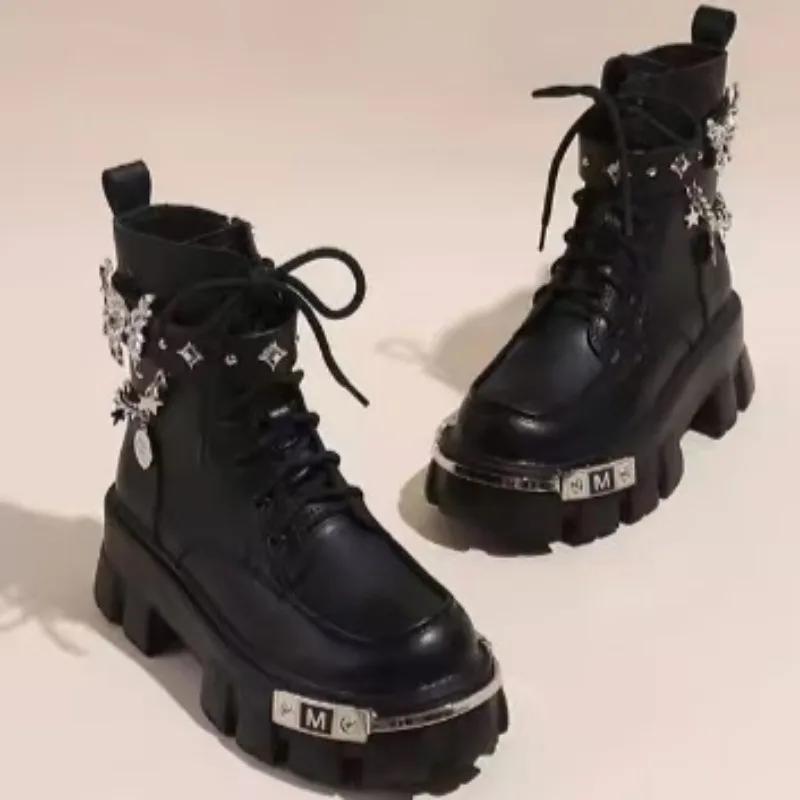 Women Metal Platform Middle Tube New Dark Punk Increased Lace-up Female Lace Up Girl Motorcycle Boots