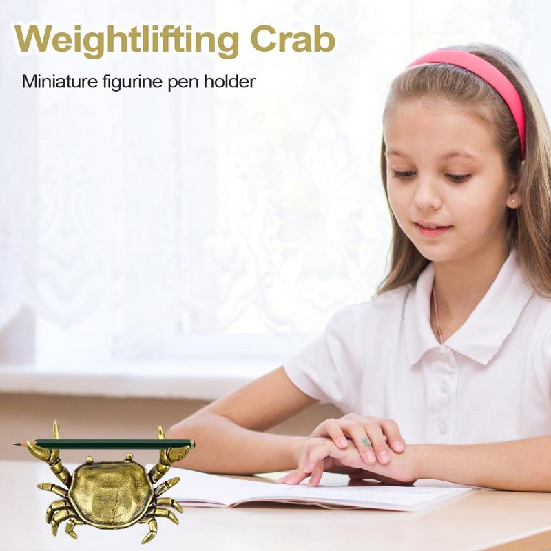 Vintage Brass Miniatures Crab Ornament Animal Pen Holder Desktop Decoration Craft Collections Brass Weightlifting Crab Pen Stand