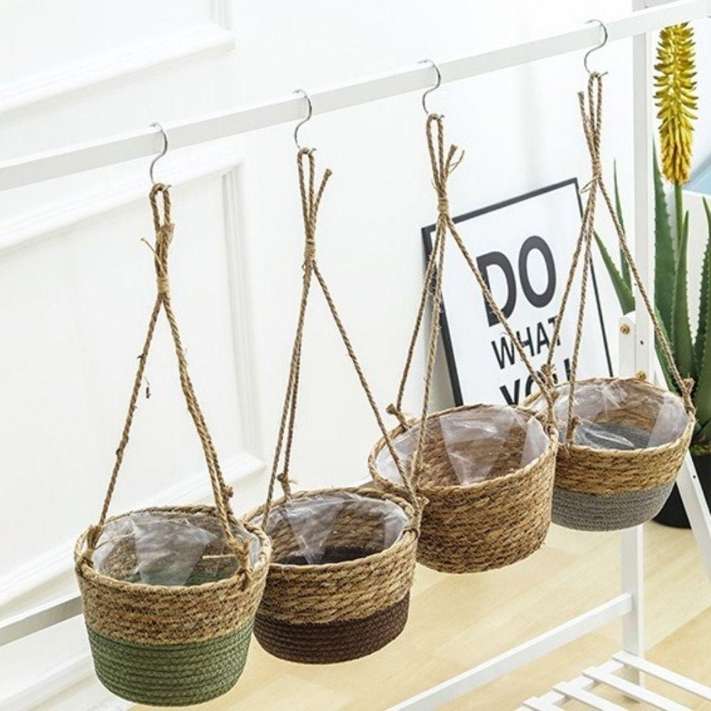 Handwoven Straw Hanging Basket Decorative Waterproof Woven Flower Basket Handmade Macrame Plant Storage Basket Home Decor
