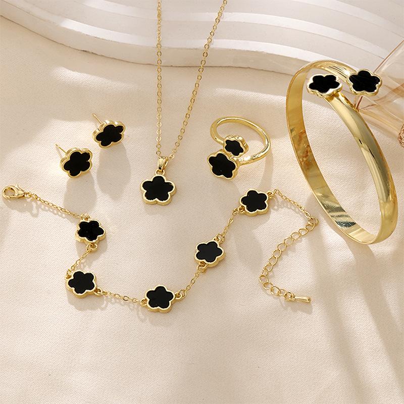 Temu Hot Selling Lucky Flower Jewelry Set: Acrylic Bracelet, Five-Leaf Clover Necklace, Ring, Earrings for Women