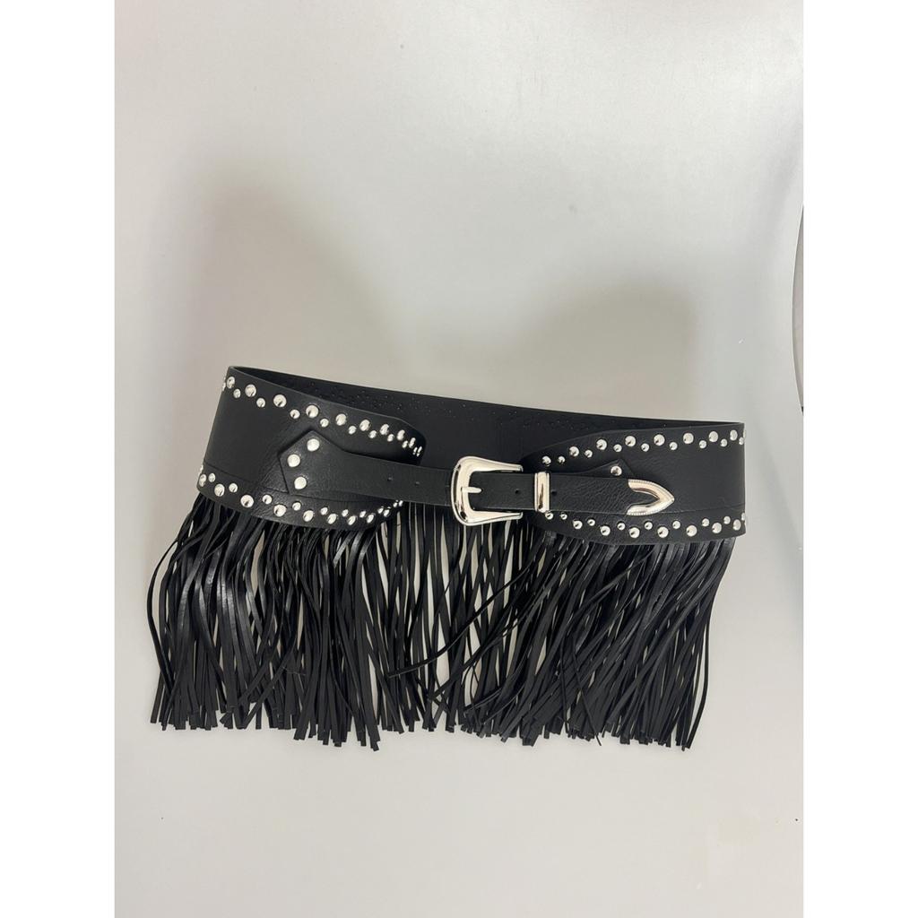Amber Tassel Belt, European and American Punk Style, Distinctive Long Tassel Dress, Women's Waist Seal, Fashionable Riveted Wide Belt Waist Dress