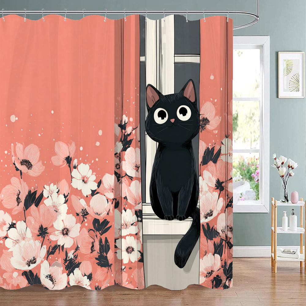 Flowers and plants cat pattern Shower Curtain, Bathroom Decorative Shower Curtain, Waterproof Shower Curtain with Hooks