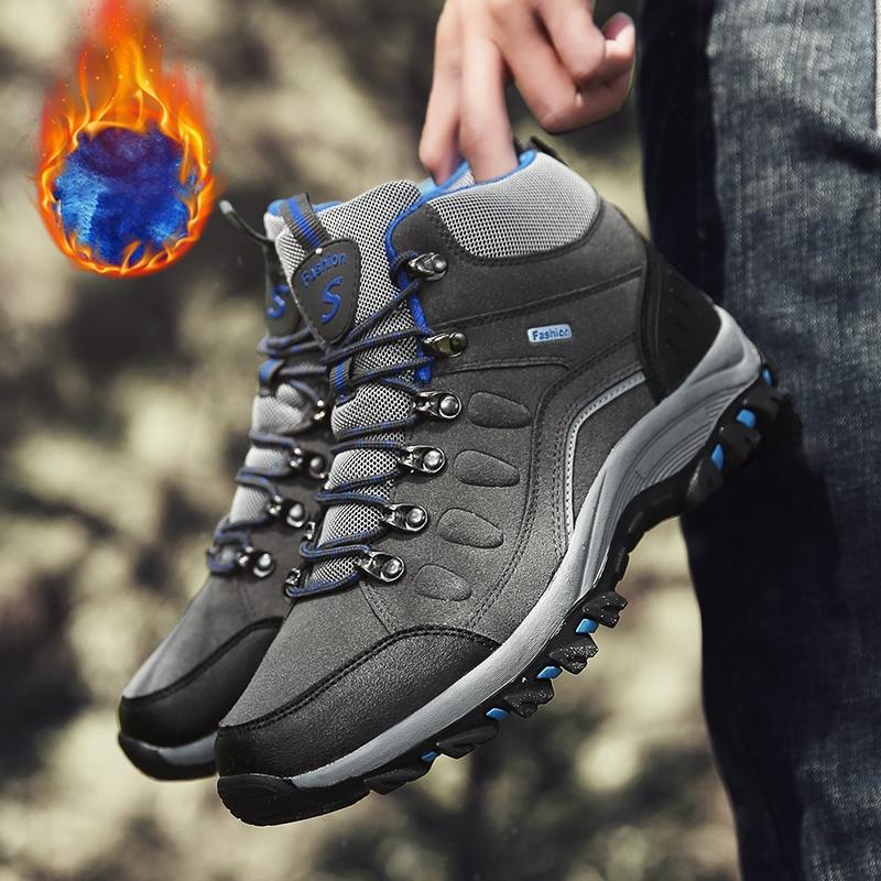 Unisex Peacock Blue Fleece Lined Boots Men Women Outdoor Non-Slip Hiking Shoes Thermal Thick Bottom Warm Climbing Sneakers