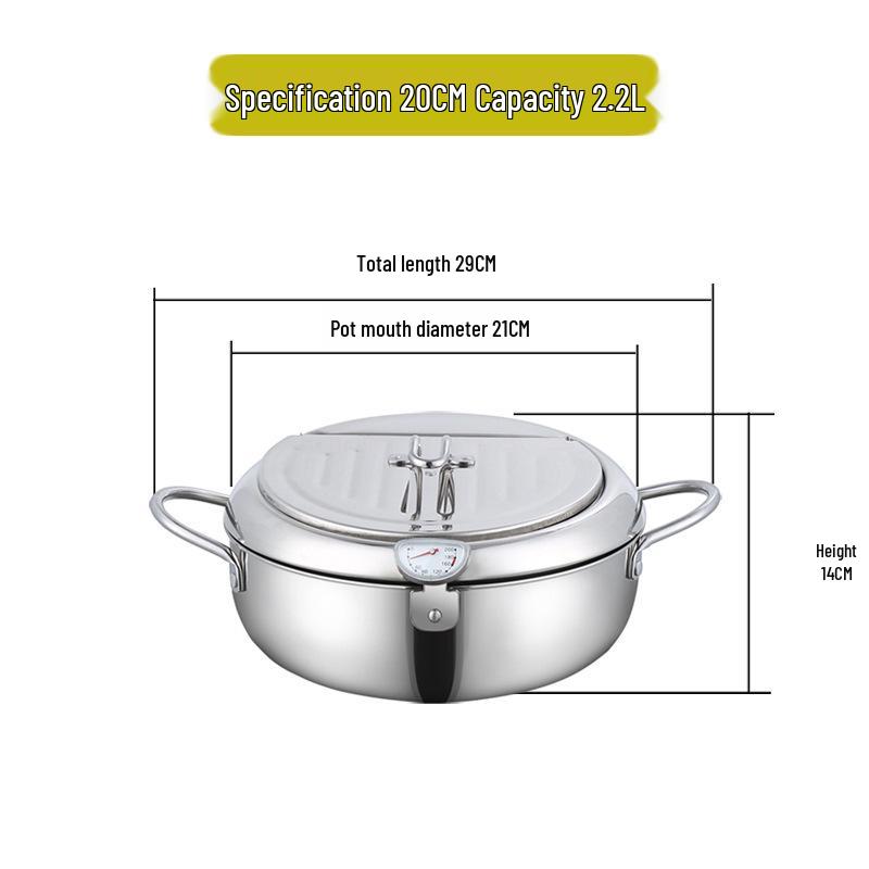 304 Stainless Steel Tempura Frying Pot with Double-Bottom, Oil-Saving, Temperature Control, and Thermometer for Gas and Induction Cookers