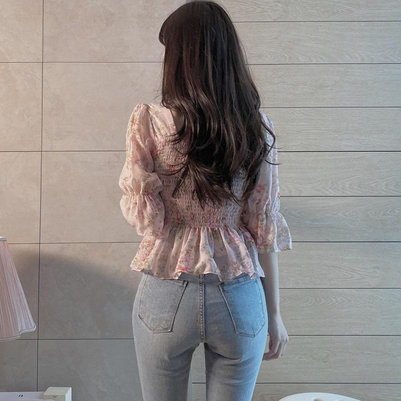 Chemisiers Femme Slim Imprimé Floral Manches Lanterne Élégant Tempérament Féminin Écolières Été Tout-match Loisirs Vêtements De Vacances