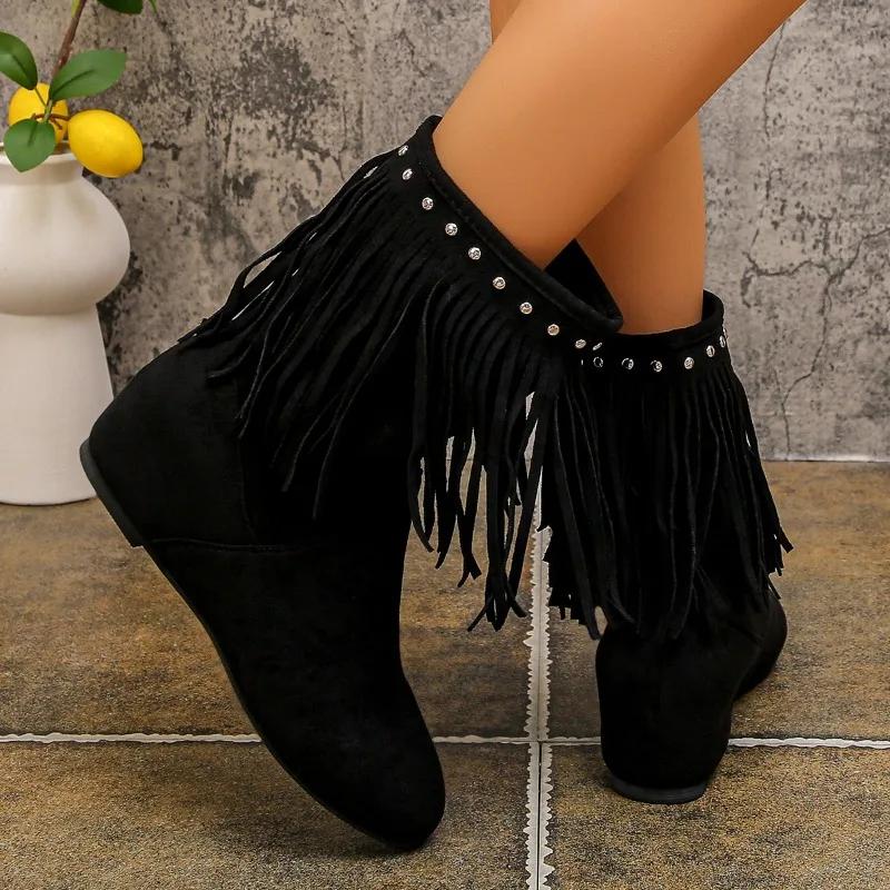 Tassel Low Heel Flat with Modern Boots Zip Round Toe Solid Female Shoes on Sale 2025 Fashion Spring/autumn New Women's Boots