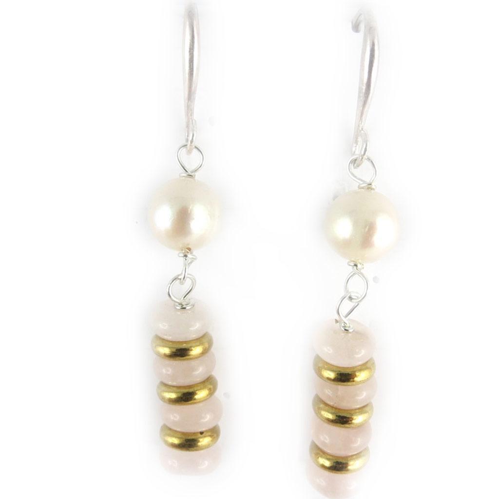 Les Trésors De Lily [K7298] - Boucles 'Beauté Biwa' doré ivoire quartz rose