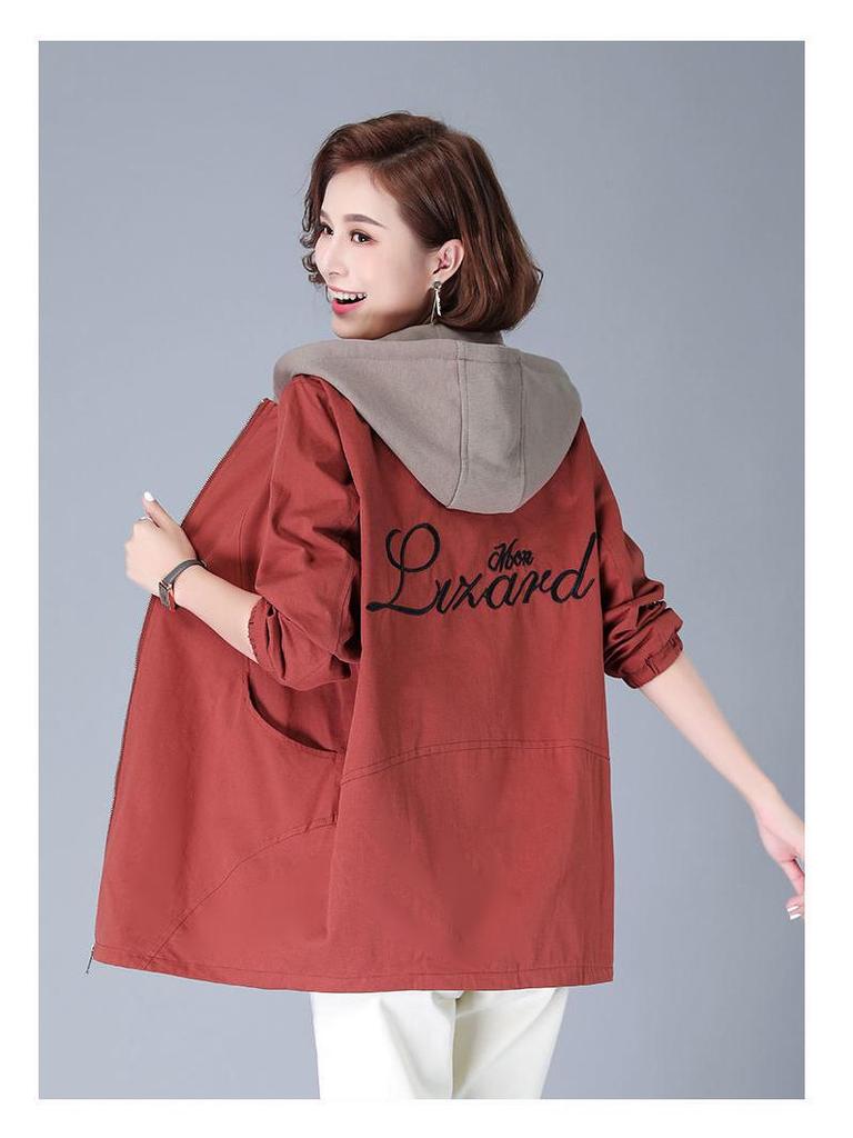 Women's Plus Size Embroidered Color Block Windbreaker - Mid-Length, Loose Fit, Korean Style Jacket for Spring and Autumn