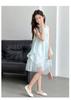 Girls' summer chiffon children's summer sleeveless vest dress, blue embroidered bow mesh princess dress