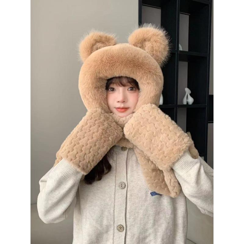 Bear Hat for Women In Autumn and Winter Autumn and Winter Plush Yarn Tie Neck Ear Protection Hat Scarf Gloves Three Piece Set