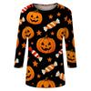 Women's Casual Halloween Print 3/4 Sleeve Round Neck Top Lightweight Soft Fabric Pullover Shirt for Everyday Wear