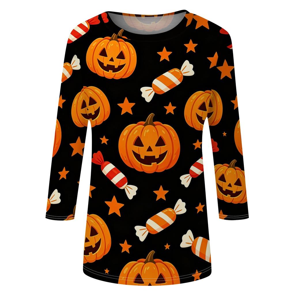 Women's Casual Halloween Print 3/4 Sleeve Round Neck Top Lightweight Soft Fabric Pullover Shirt for Everyday Wear