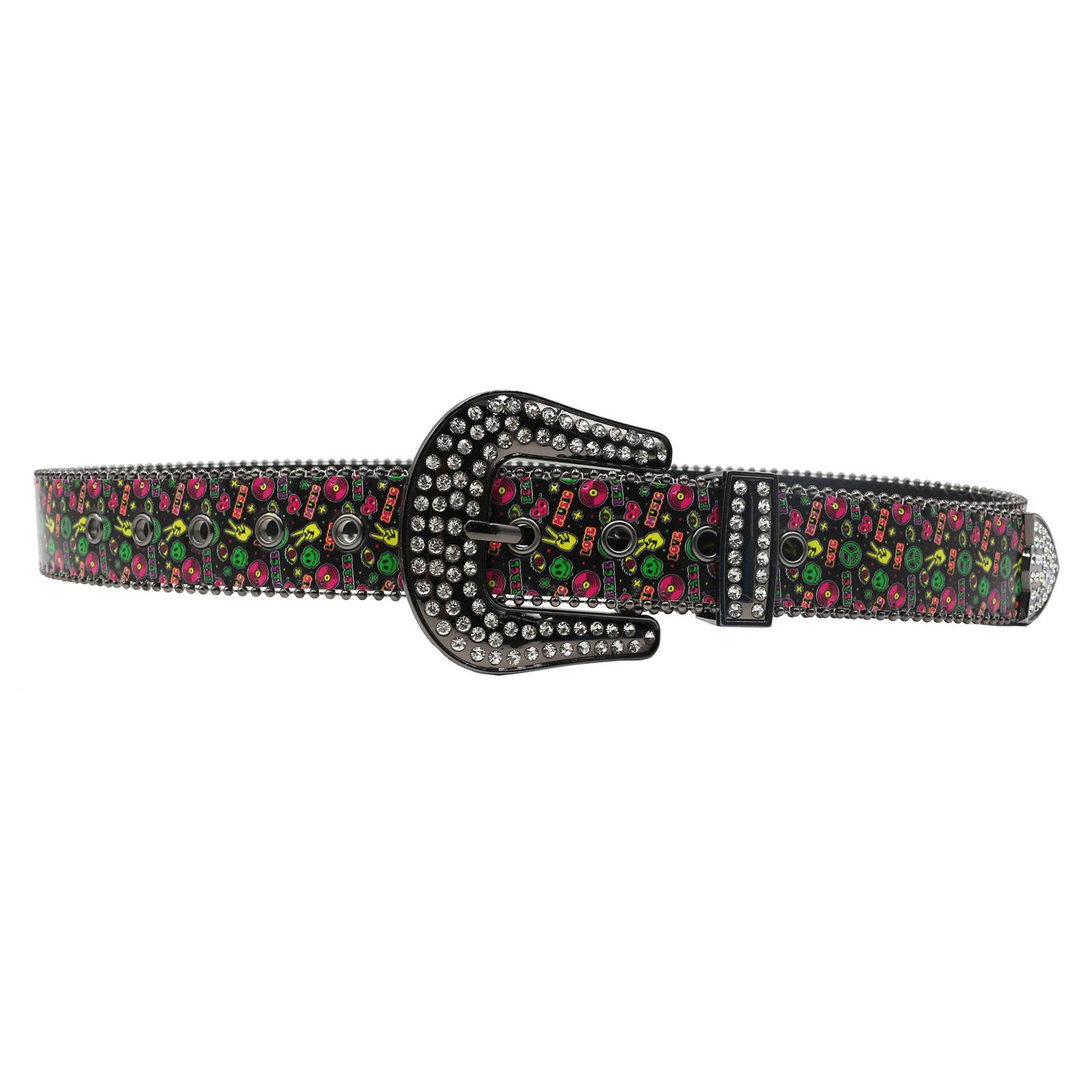 

Ремень со стразами с принтом, флуоресцентный, ручная роспись, граффити, диско-мода, хип-хоп, корейский стиль, трендовый, персонализированный женский ремень 115cm