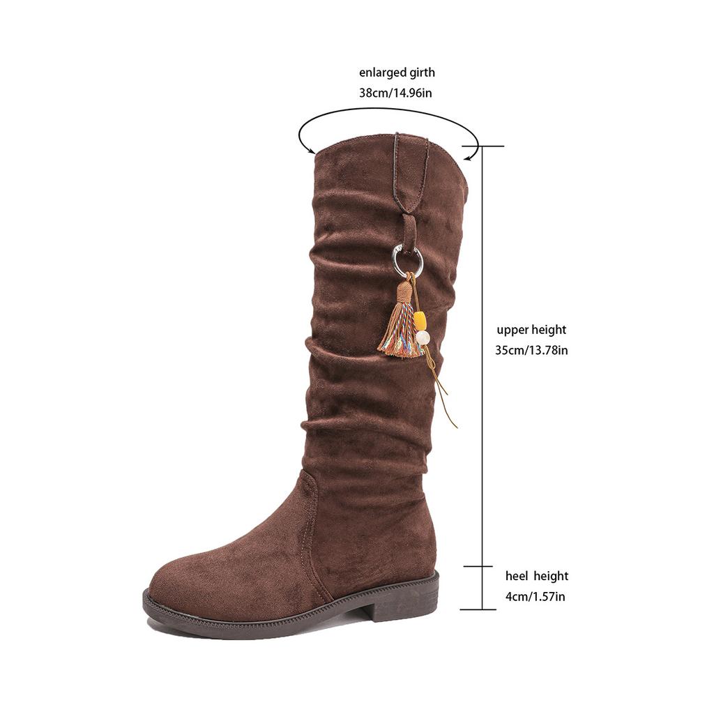 Vintage suede pleated tall boots women's autumn large size fringed British style sleeve stacking boots